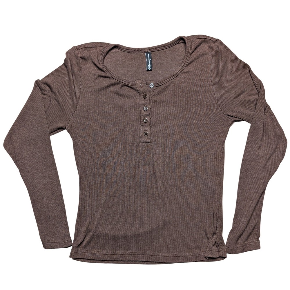 Pretty Garden Small Brown Stretchy Long Sleeveโ Henley Tee Shirt